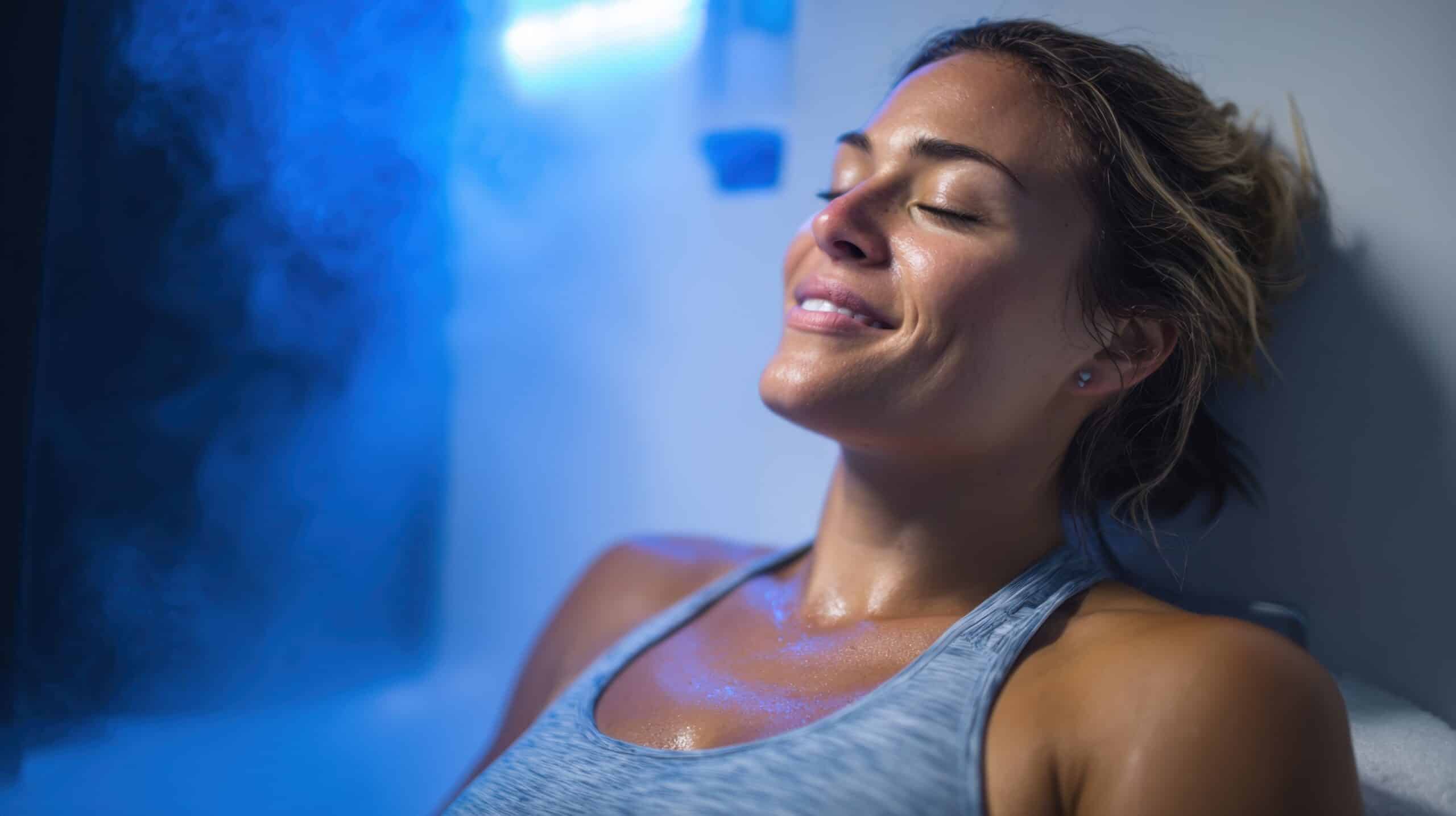 A woman wearing a gray tank top is sitting in a wellness environment, with a slight mist and blue lighting around her. She appears relaxed, with her eyes closed and a subtle smile, suggesting a soothing experience.