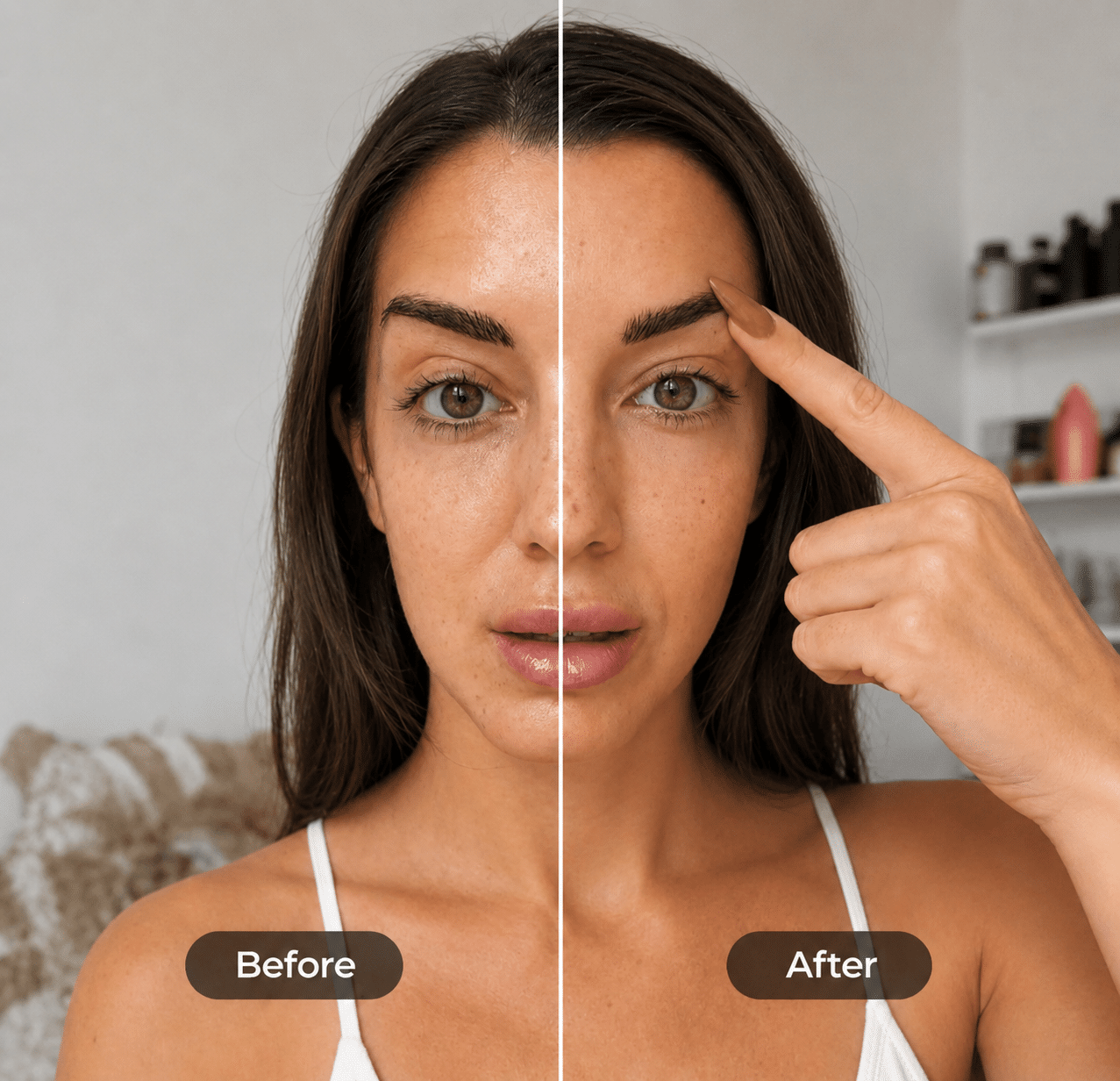 A woman with long brown hair, shown in a split image labeled "Before" on the left and "After" on the right. She is pointing to her eyebrow on the right side. The background features a light-colored wall and shelves with various products.