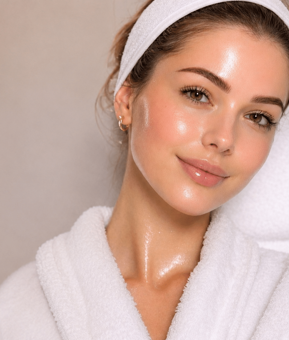 A woman with smooth skin wears a white robe and a headband. She has light makeup and a subtle glow on her face, with soft brown hair styled back. The background is a neutral color, enhancing the focus on her skin and expression.