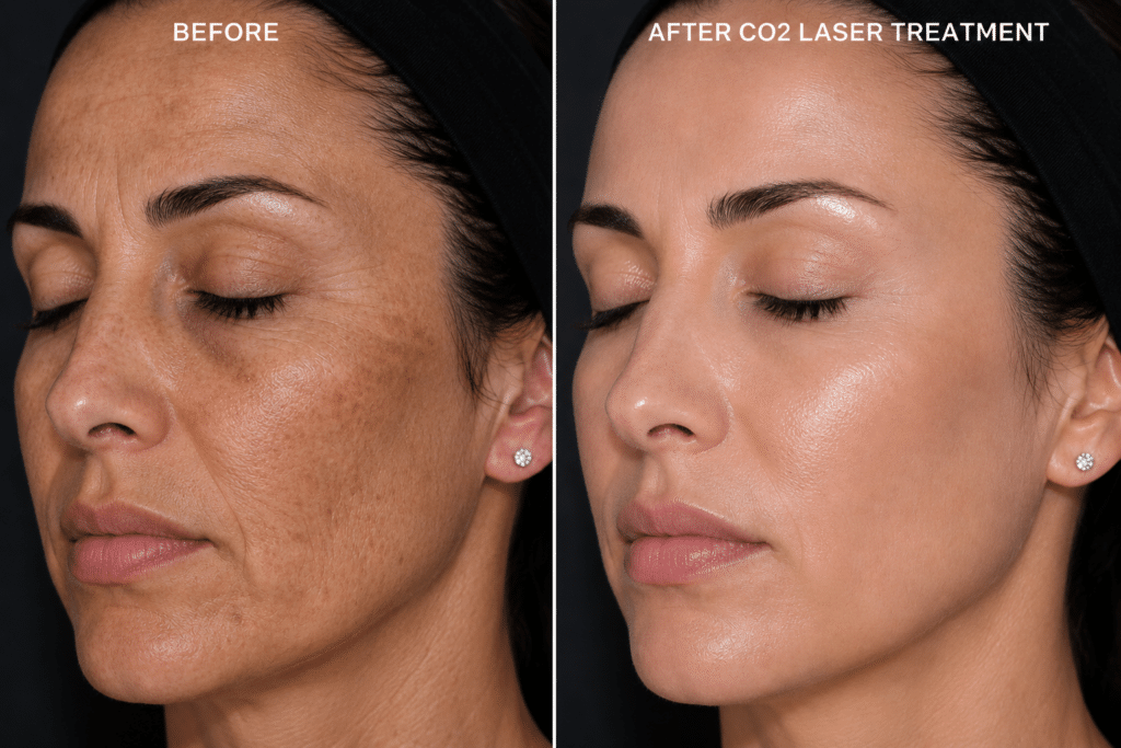 A side-by-side comparison of a woman’s face showing the effects of CO2 laser treatment. The left side, labeled "Before", displays visible skin imperfections and pigmentation, while the right side, labeled "After CO2 Laser Treatment", shows smoother, clearer skin.