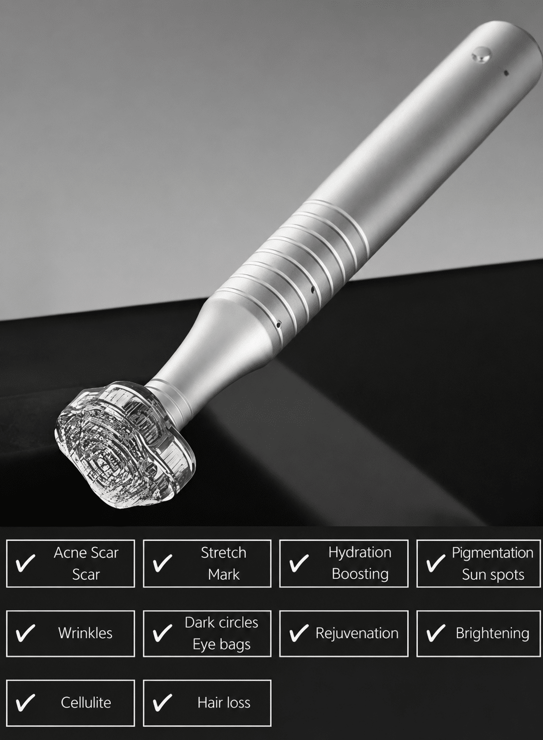 A silver handheld device with a textured end, positioned at an angle against a dark surface. Below, a list of skin treatment concerns is shown, including acne scars, wrinkles, and pigmentation, each marked with a check.