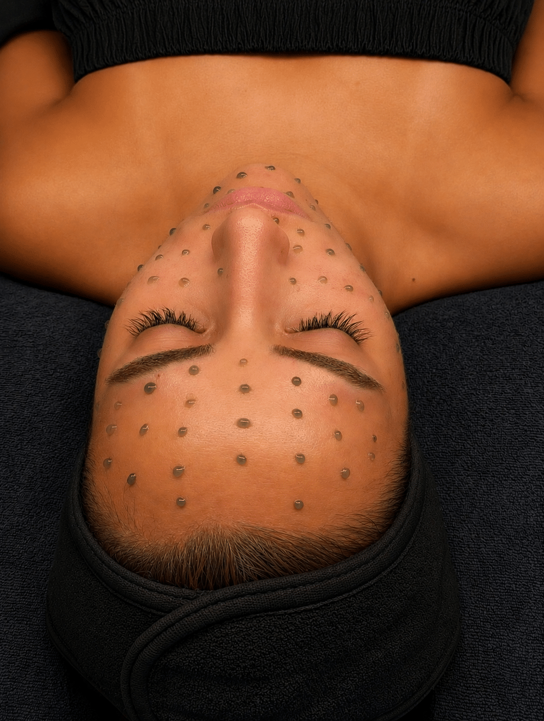 A woman lying on her back with her eyes closed, displaying small green dots on her forehead, possibly part of a skincare treatment. She is covered in a black towel and surrounded by a dark background.