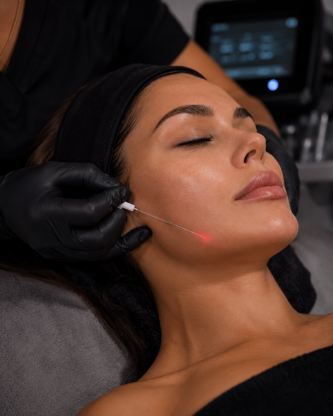 A woman receiving a facial treatment lies on a bed with her eyes closed. A technician in black gloves holds a device that emits a red light, positioned near her cheek. The setting features a blurred medical machine in the background.