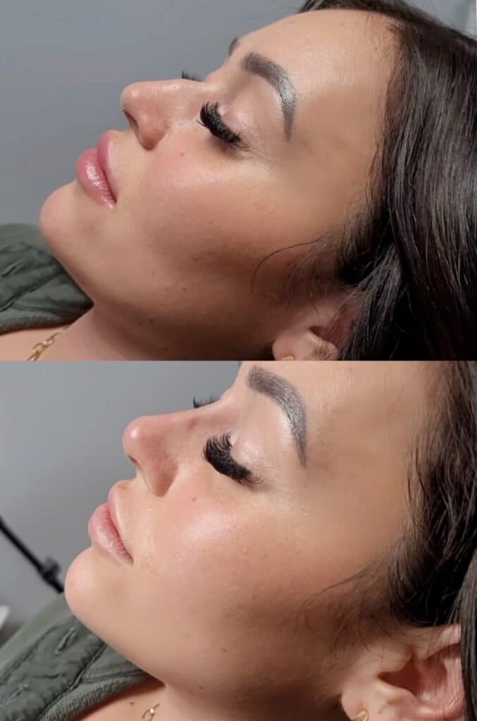 A side-profile close-up of a woman with long eyelashes and dark hair, shown in two stacked images against a gray background.
