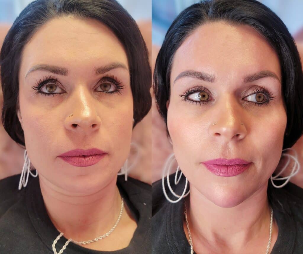 A side-by-side close-up of the same woman with dark hair and pink lipstick, shown against a blurred indoor background.