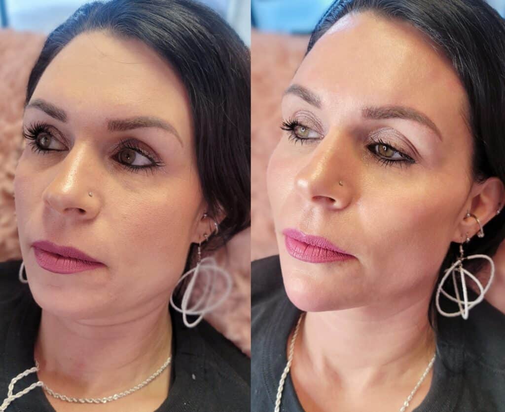 A side-by-side close-up of the same woman with dark hair, a nose stud, and large dangling earrings, shown against a pink cushion on the left and a dark background on the right.