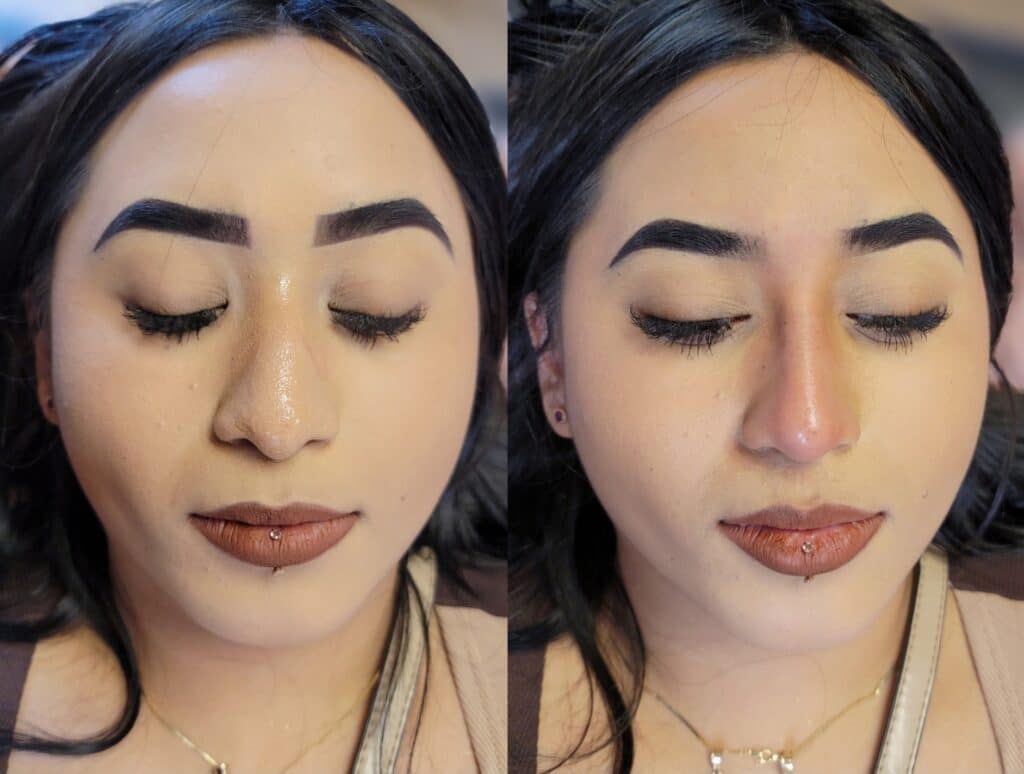 Two side-by-side close-up portraits of a woman with closed eyes, dark eyebrows, and brown lipstick, wearing a lip piercing and a beige top.