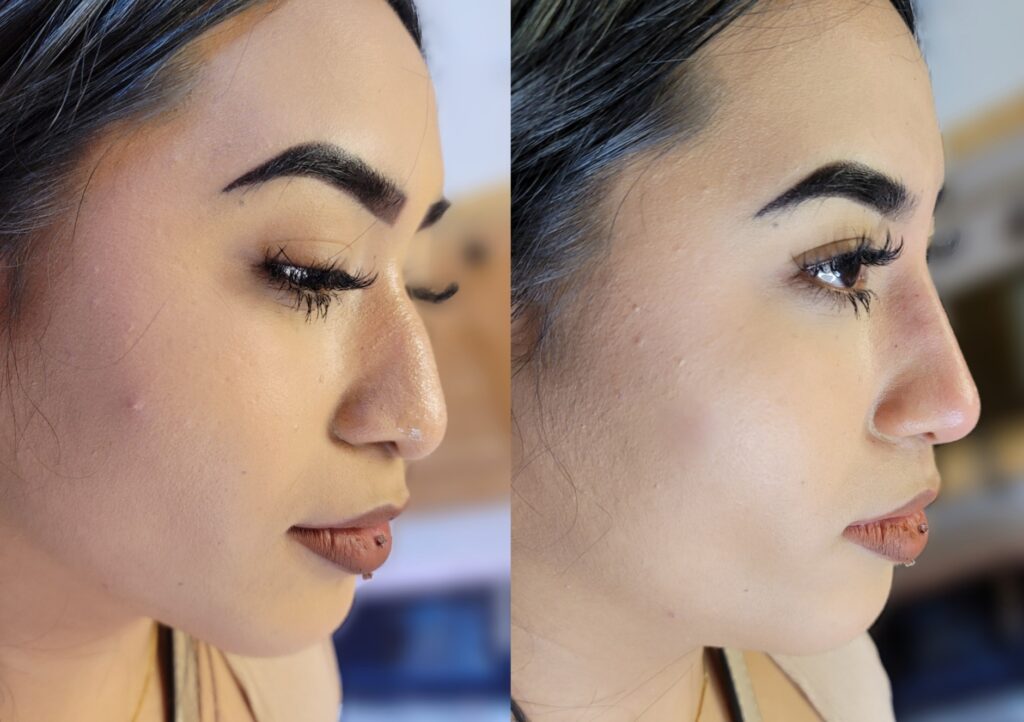 Side-by-side close-up profile views of a woman with dark hair, showing her face and eyebrow makeup against a blurred indoor background.