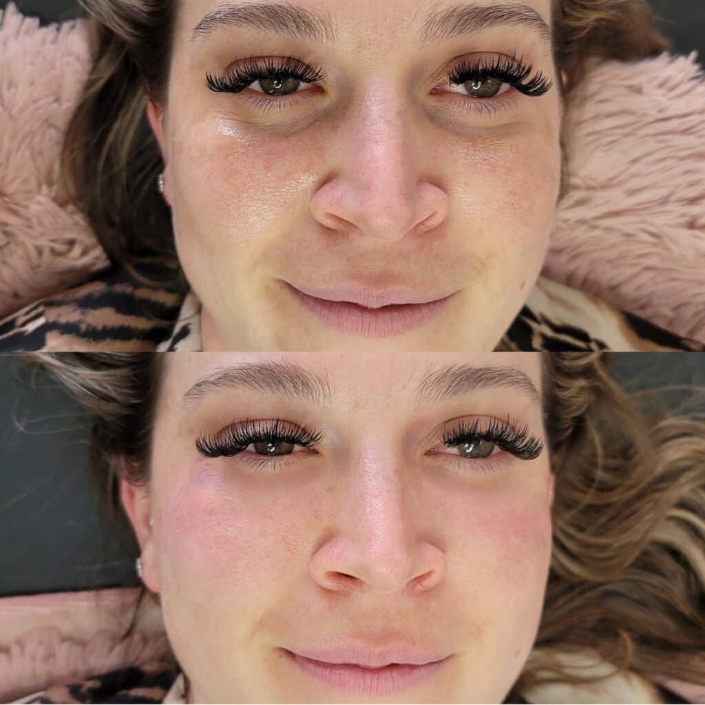Two close-up selfies show the same woman lying down, with long eyelashes and a pink fuzzy pillow behind her head.