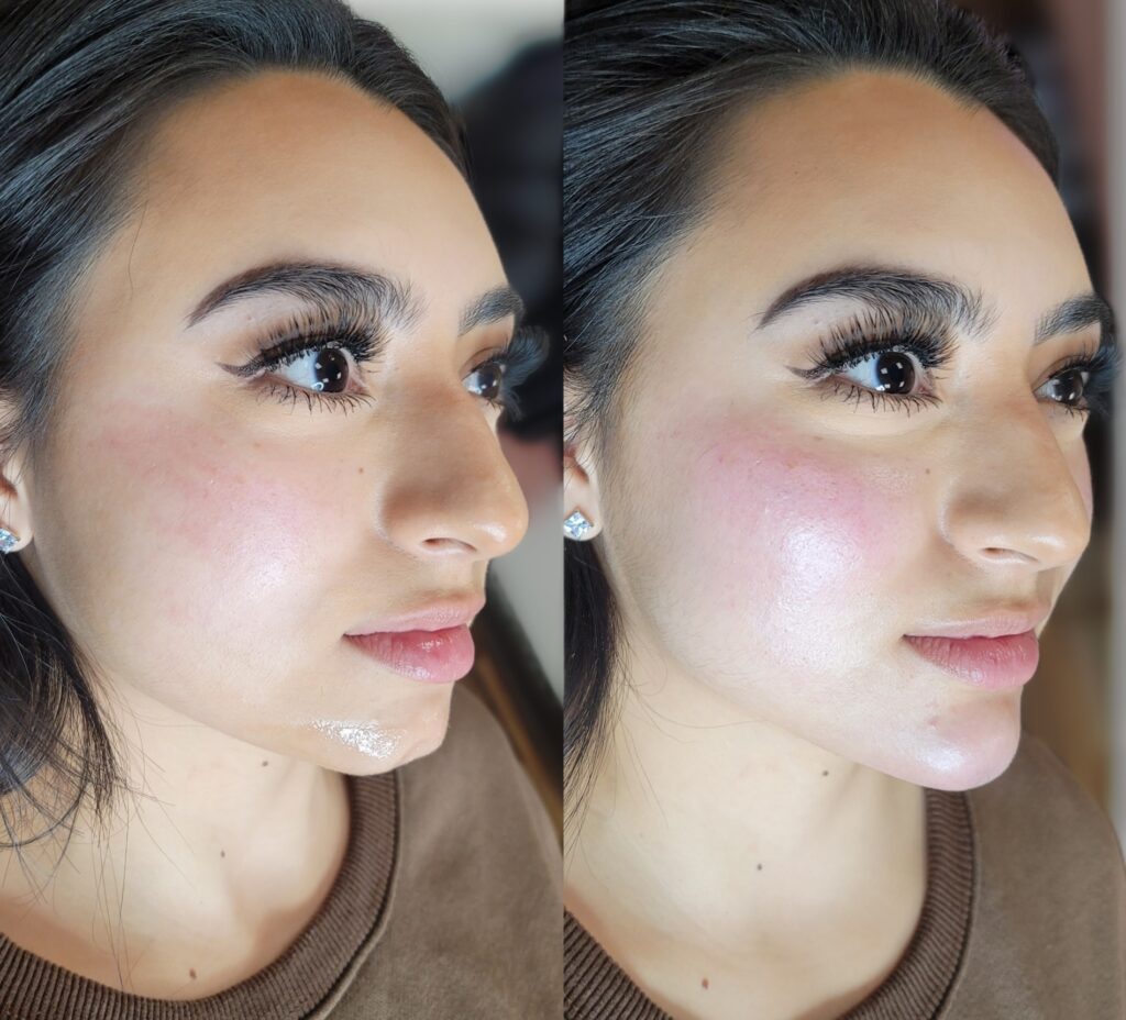 A split-screen close-up of a woman’s side profile showing makeup, with more highlighted skin and pink blush on the right image.