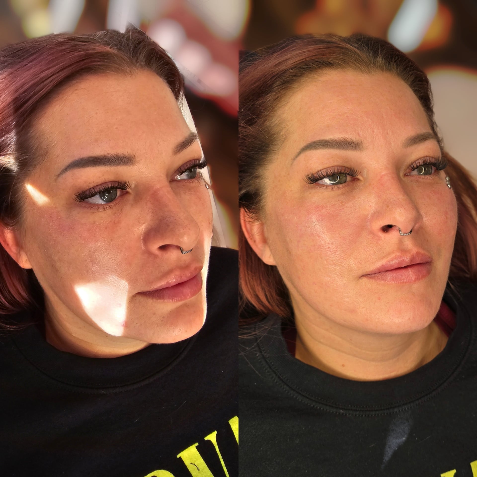 A split-screen portrait shows the same woman with reddish-brown hair and a nose ring, wearing a black top, with warm light falling across her face.