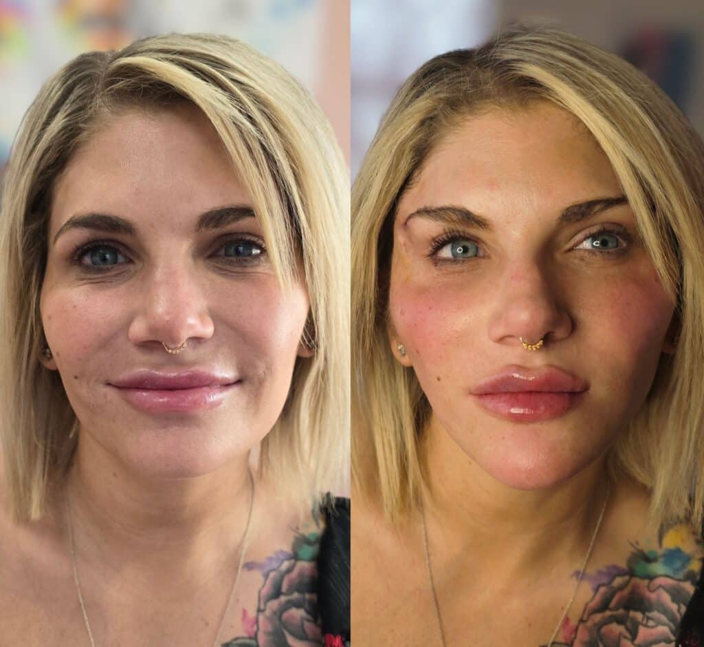 A split-screen close-up of a blonde woman with a septum ring and shoulder tattoo, shown in two different lighting conditions.