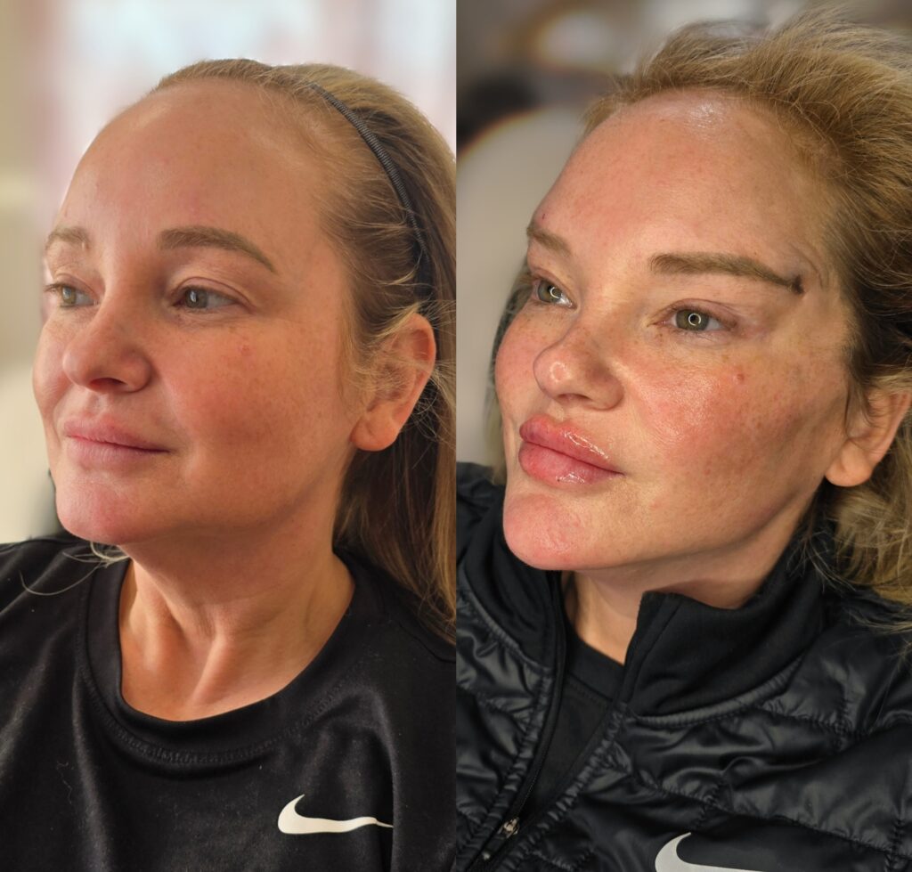 A side-by-side portrait of the same woman, showing her in a black Nike top on the left and a black jacket on the right, against softly blurred indoor backgrounds.