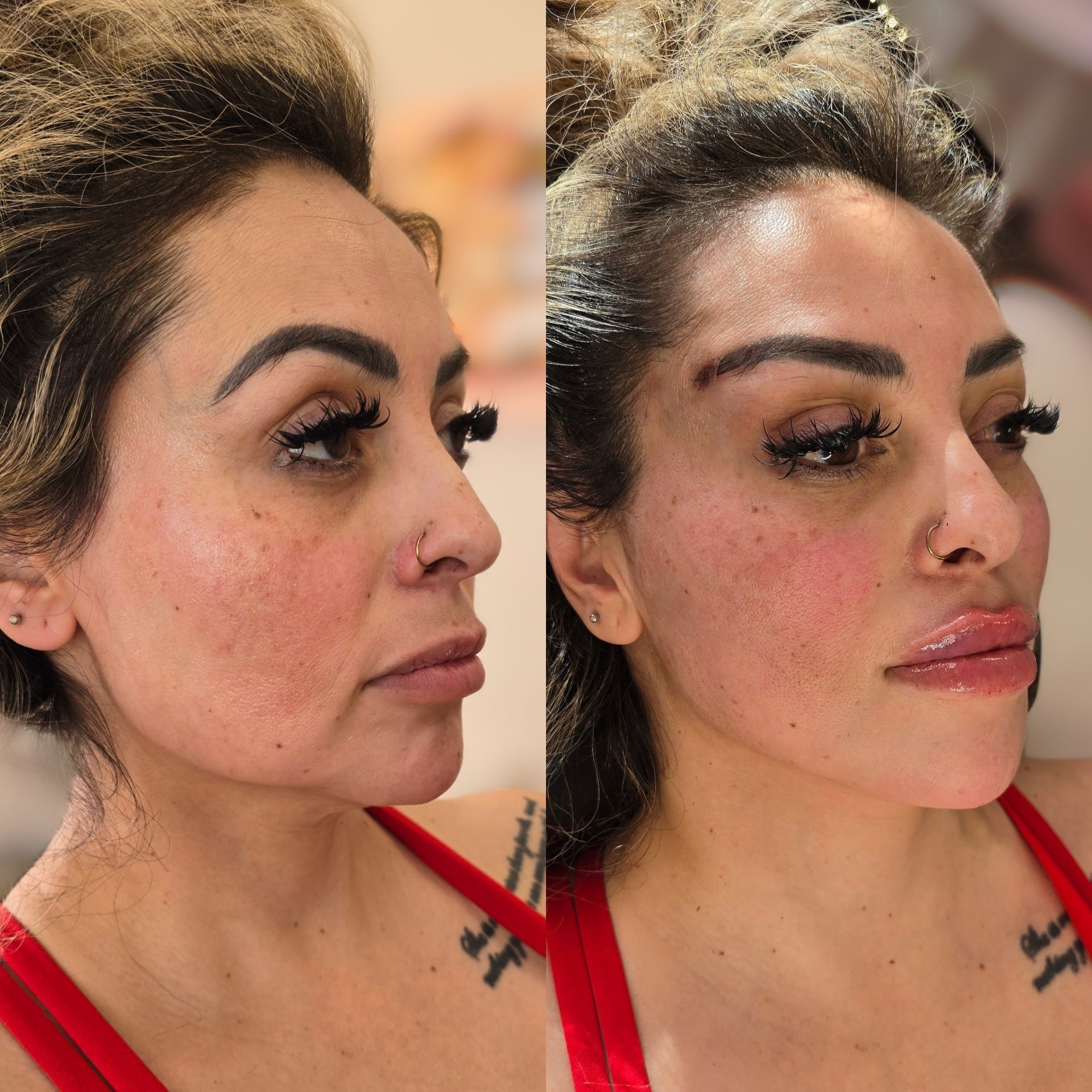 Side-by-side profile portraits of a woman with dark hair, a nose ring, and red tank top straps, shown against a blurred indoor background.