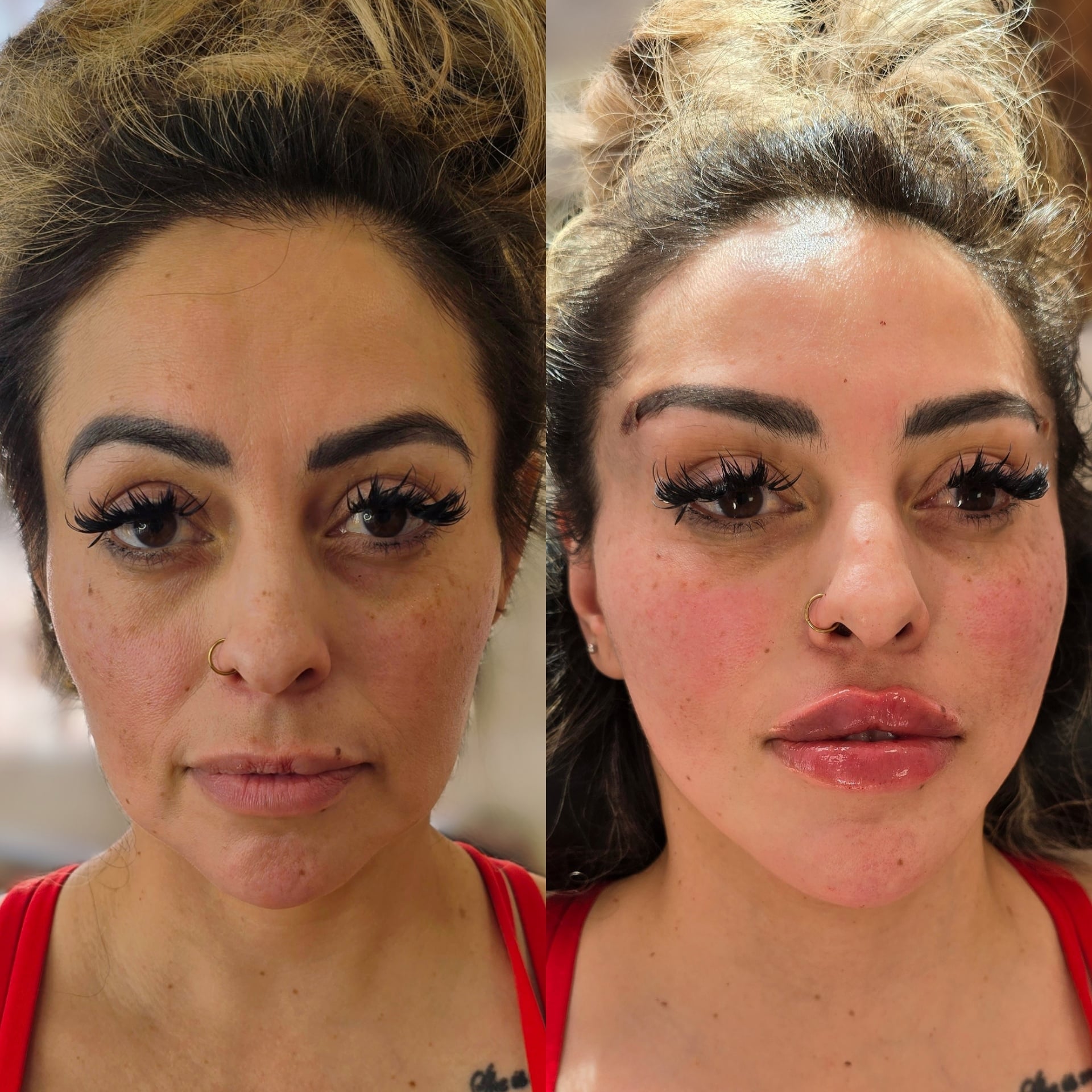 Side-by-side portrait of a woman in a red top, with a more defined makeup look on the right and a plain indoor background.