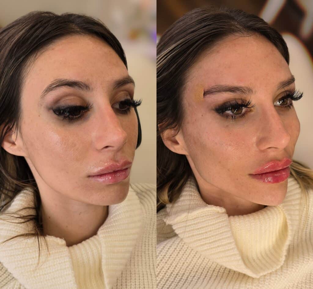 Side-by-side close-up portraits of a woman in a cream knit turtleneck, showing her face with different makeup looks against a blurred indoor background.