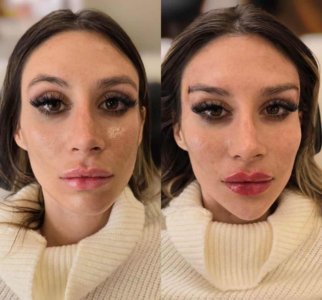 Split-screen portrait of a woman in a cream knit sweater, showing two close-up face shots with different makeup looks against a blurred indoor background.