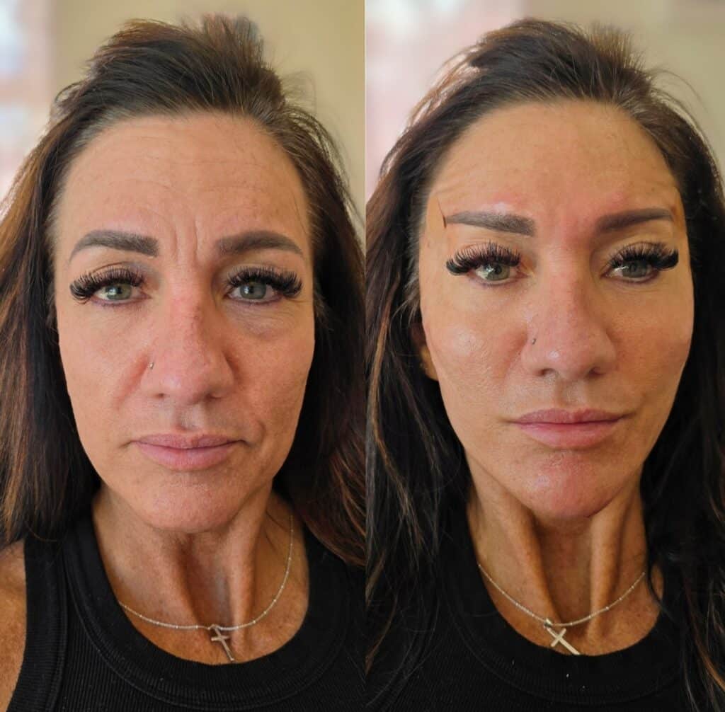 Two side-by-side close-up portraits of the same woman with long dark hair, heavy eyelashes, and a black top, shown against a plain beige background.