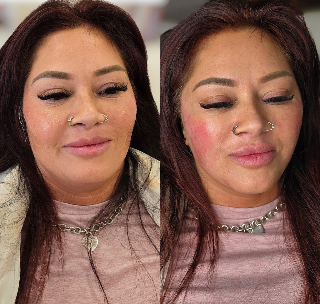 Side-by-side portraits of a woman with dark hair, nose rings, and a pink top, shown against a plain background.