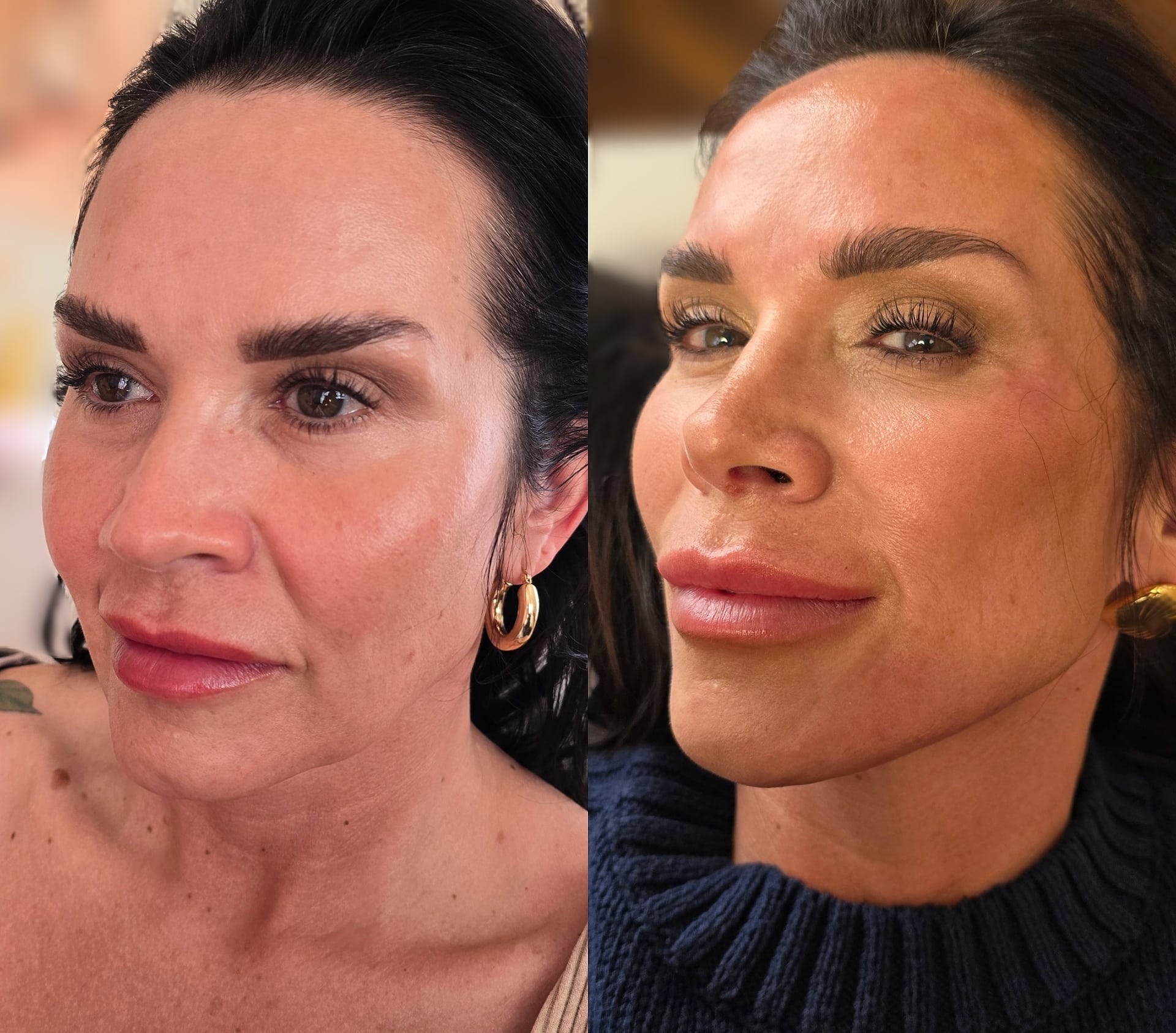 A side-by-side portrait of a woman’s face in close-up, with the left image showing bare skin and the right image showing makeup, styled hair, and a dark sweater collar.