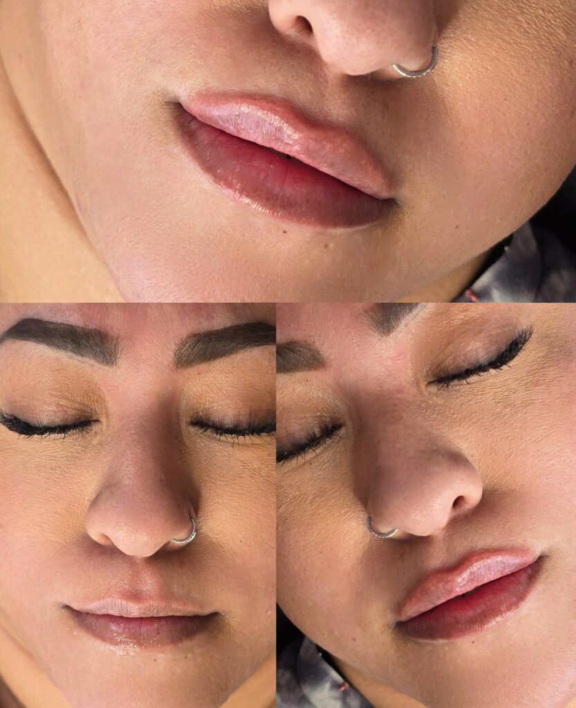 A close-up collage of a woman’s face with closed eyes and a silver nose ring, shown in three angles with glossy lips and natural makeup.