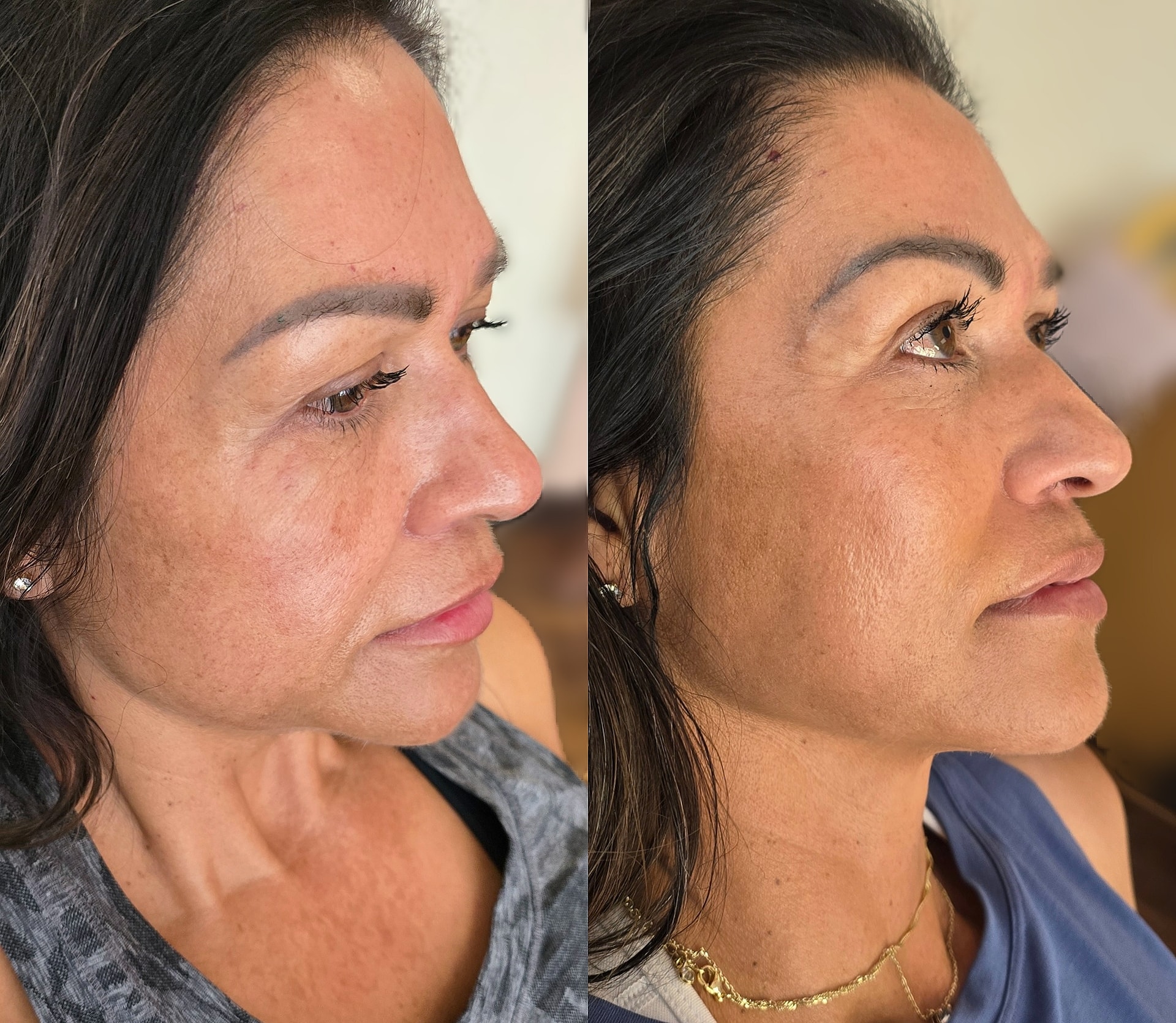 Side-by-side profile portraits of the same woman, with bare skin on the left and makeup on the right, against a softly blurred indoor background.
