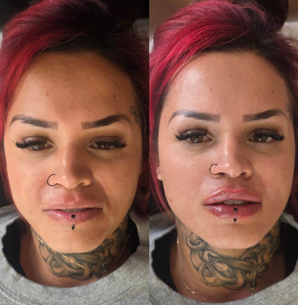 Side-by-side close-up portraits of a woman with red hair, a nose ring, and neck tattoos, shown against a plain background.