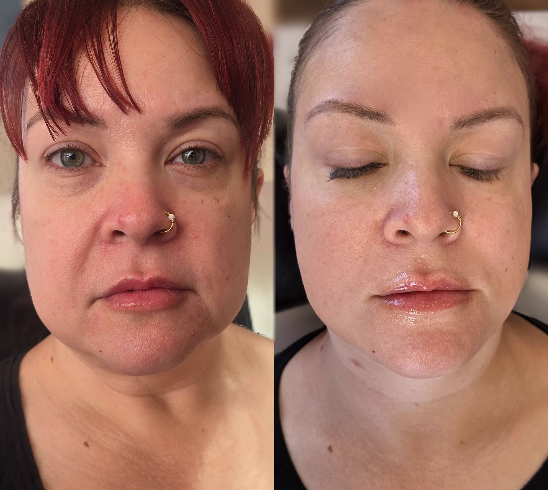 A side-by-side portrait of the same woman with a nose ring, shown with short red hair on the left and bare skin with closed eyes on the right.