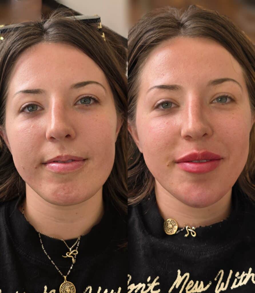 A side-by-side portrait of the same woman with bare lips on the left and glossy pink lipstick on the right, wearing a black top and gold necklace.