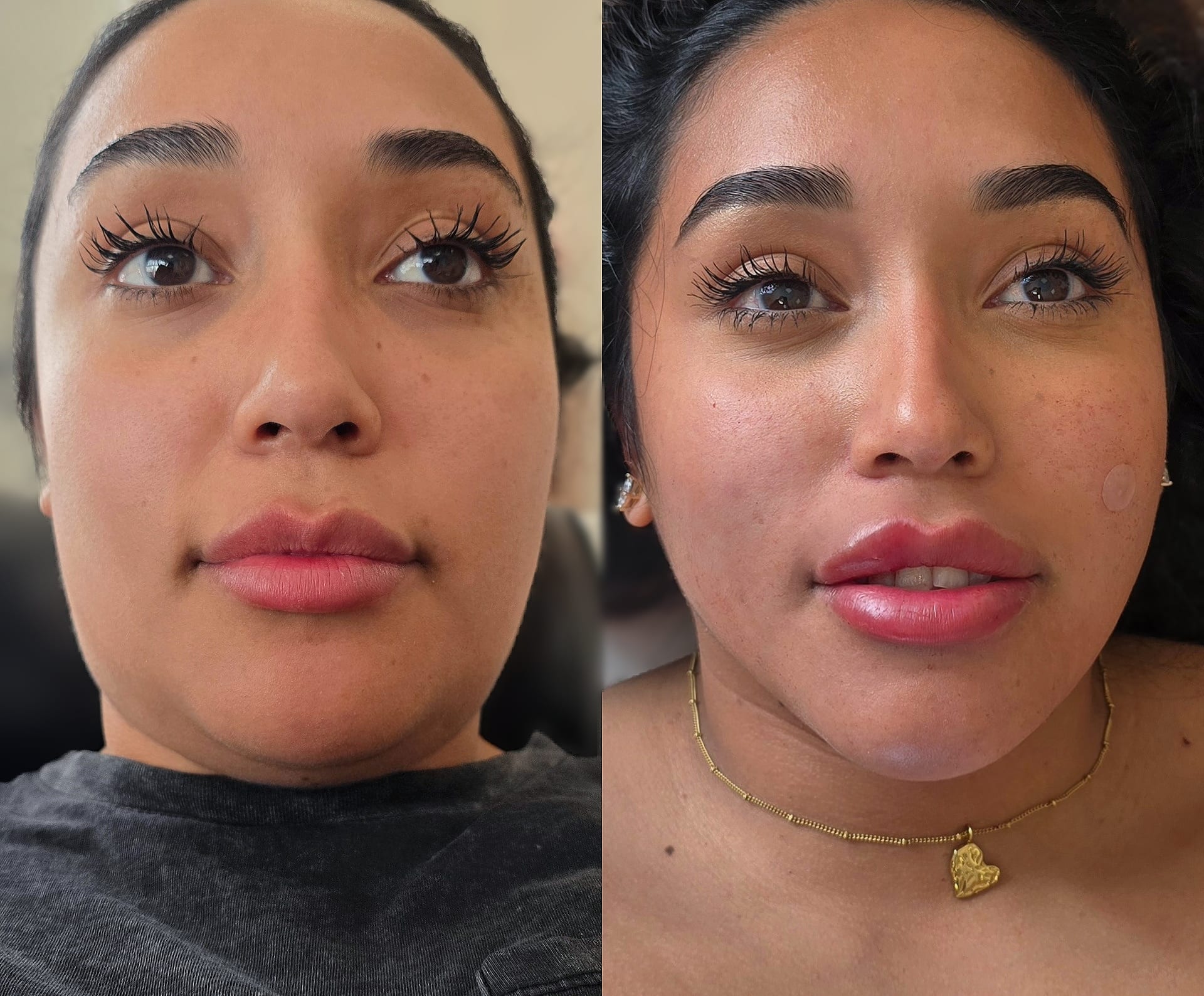 Side-by-side close-up portraits of a woman before and after makeup, with darker hair and a gold necklace visible in the right image.