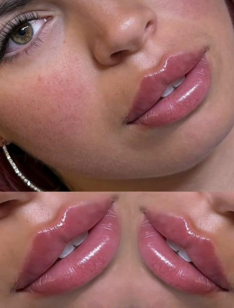 A close-up of a woman with glossy pink lips and a visible eye, shown in a split image with mirrored lip close-ups below.
