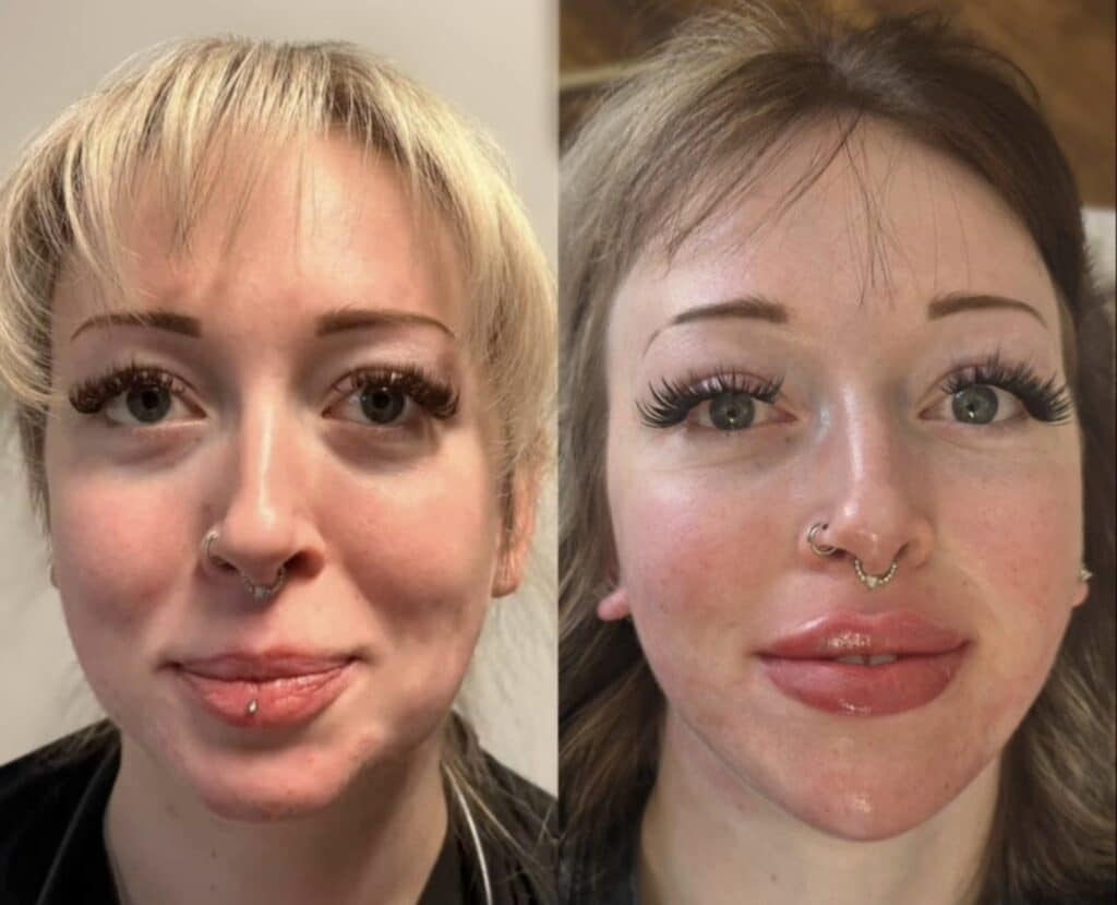 A side-by-side close-up of a woman with facial piercings and heavy eyelashes, shown against indoor backgrounds.