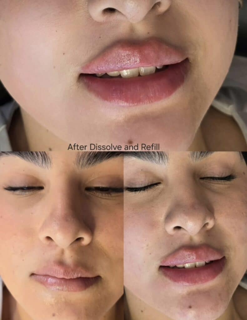 A close-up collage shows a woman’s lips before and after lip filler, with the caption "After Dissolve and Refill" across the center.