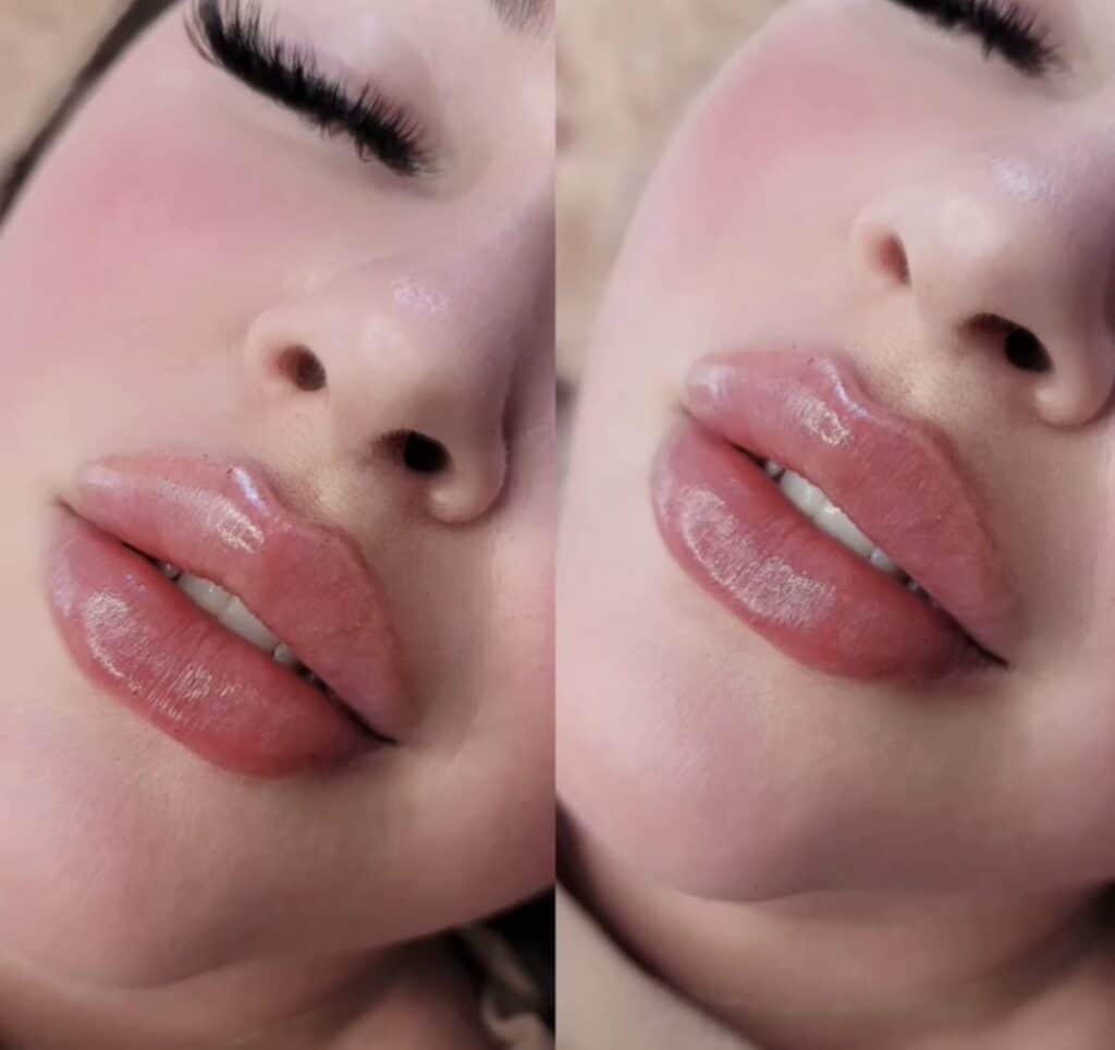 A close-up split image of a woman's face, showing glossy pink lips and closed eyes against a soft skin-toned background.