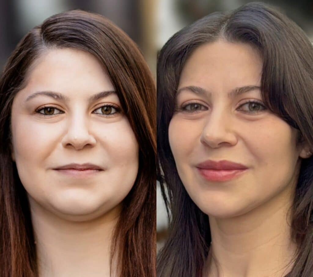 Two close-up portraits of women with brown hair shown side by side against softly blurred backgrounds.