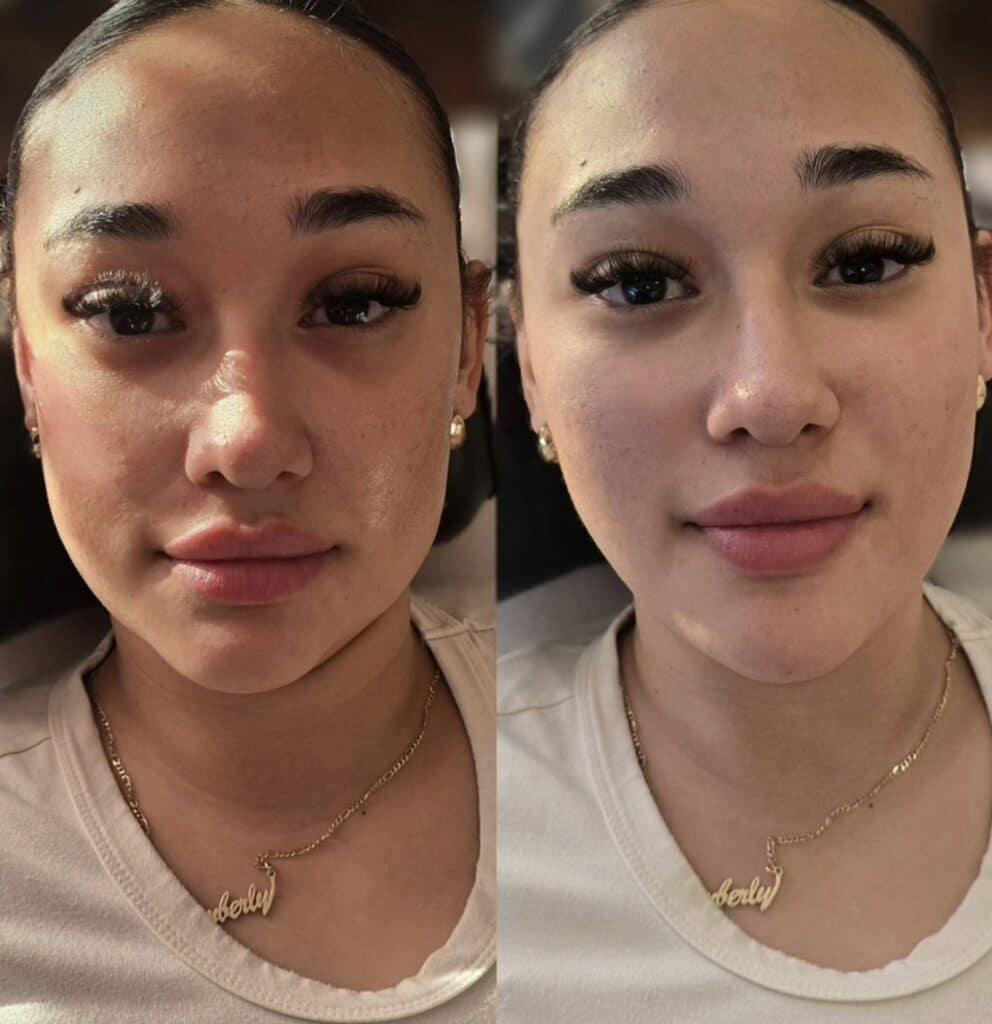 A side-by-side close-up of the same woman wearing a white shirt and gold name necklace, shown in warm indoor lighting.