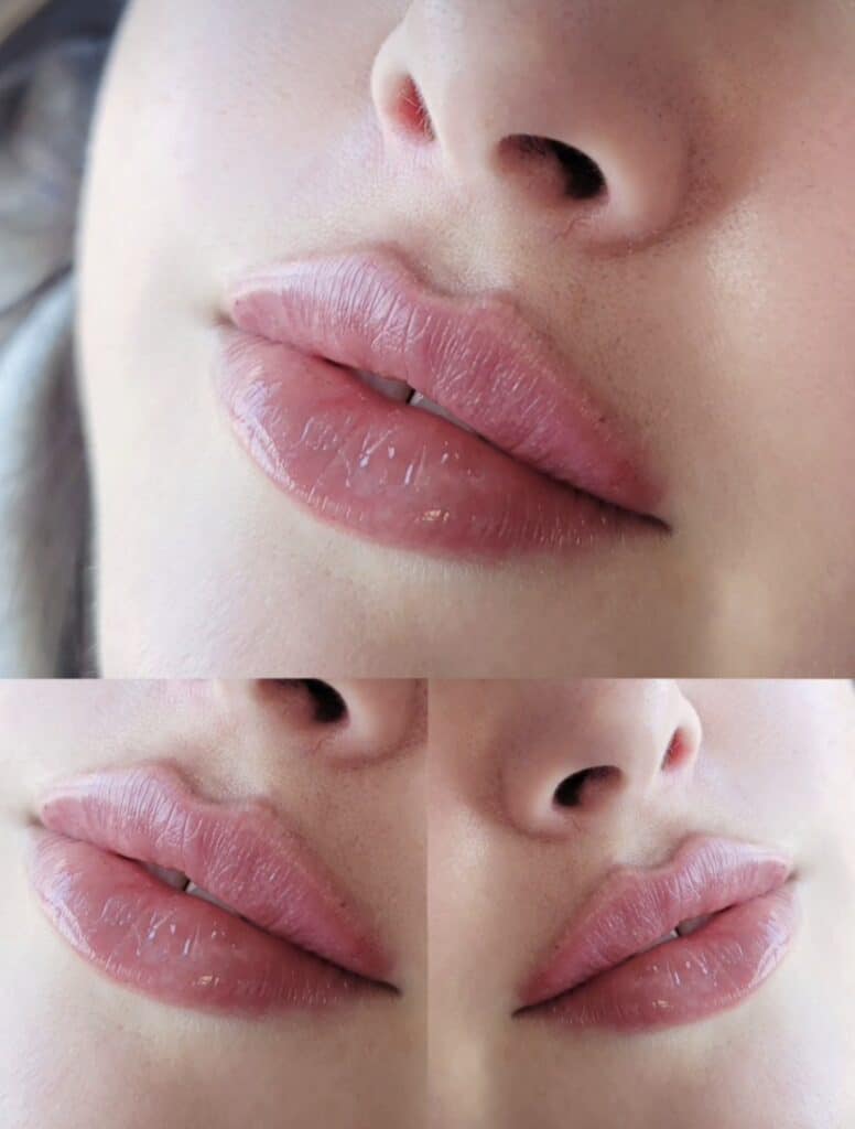 Close-up of a woman’s lower face with pink glossy lips and a nose piercing, shown in a three-panel collage.
