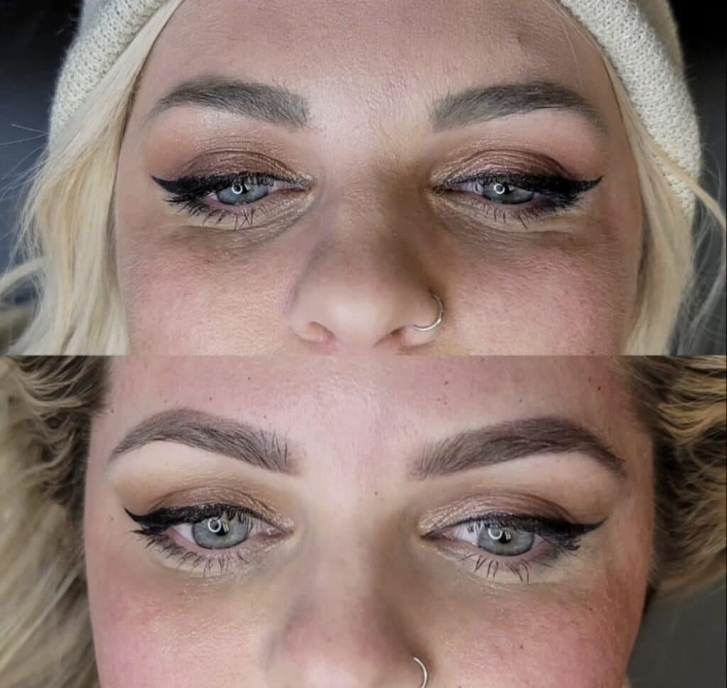 A close-up split image shows a woman’s eyes and eyebrows with winged eyeliner and a nose ring, comparing a before-and-after cosmetic makeup look.
