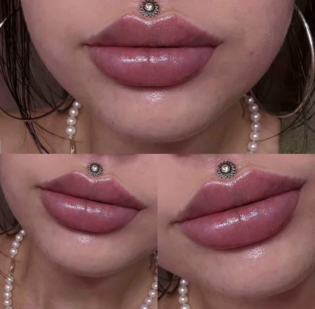 A close-up collage of glossy pink lips with a decorative nose stud, framed by pearl earrings and dark hair.