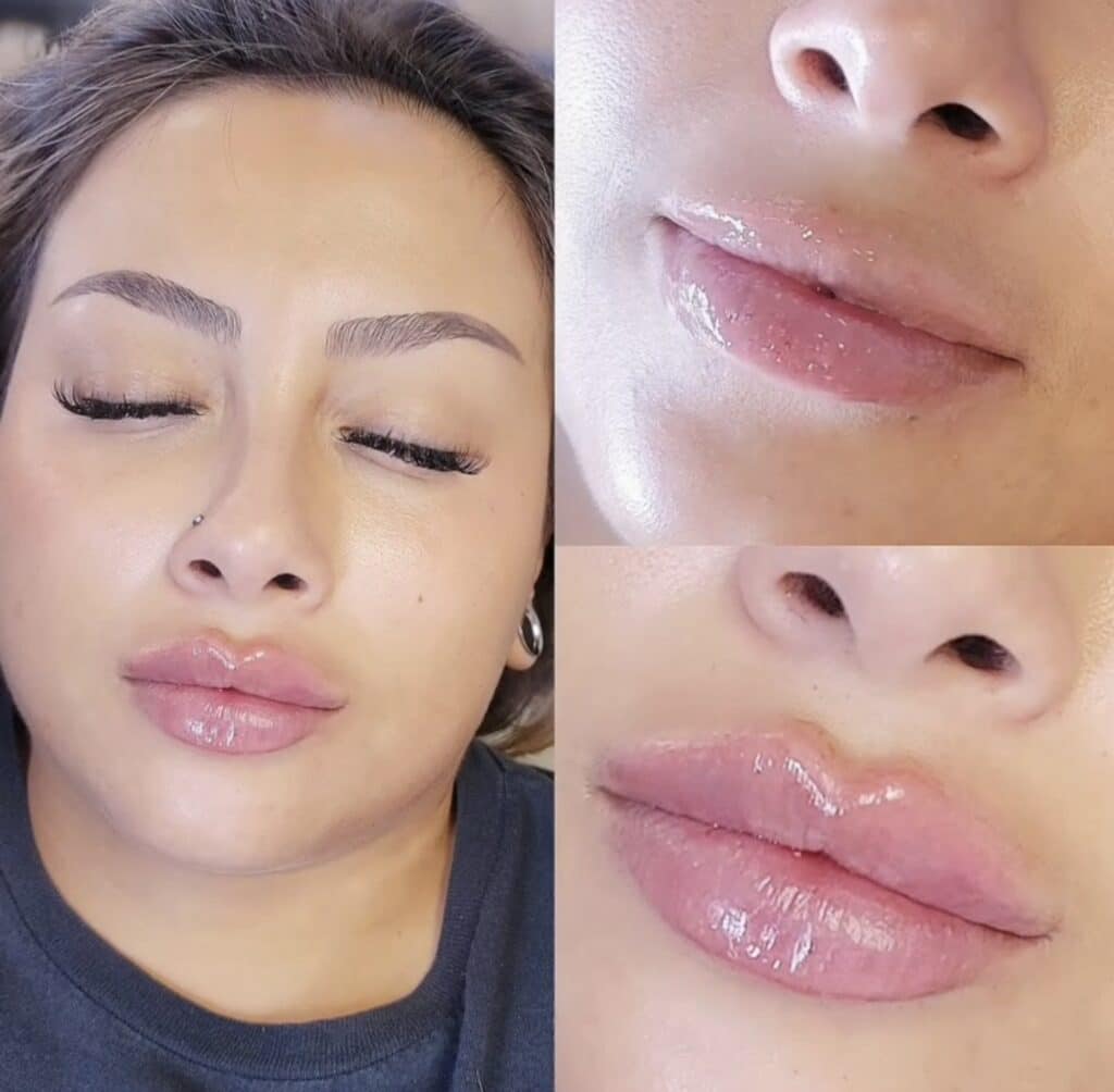 A collage of close-up facial photos shows a woman with glossy pink lips and closed eyes, including detailed views of her nose and mouth.