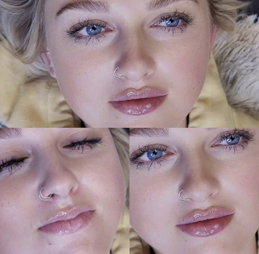 A collage of three close-up self-portraits of a woman with blue eyes, a nose ring, and glossy pink lips, lying on a beige pillow.