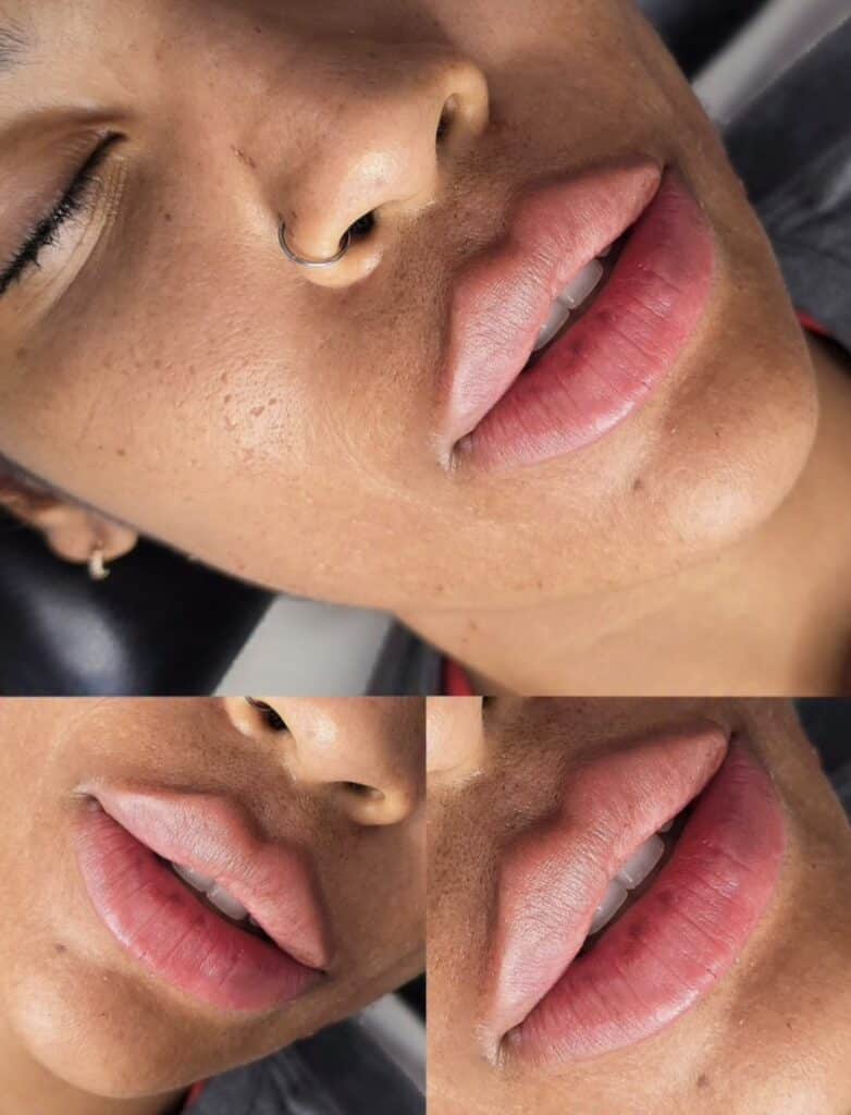 A close-up collage shows a woman's face from the nose to chin, highlighting full lips and clear skin, with three cropped angles on a neutral background.