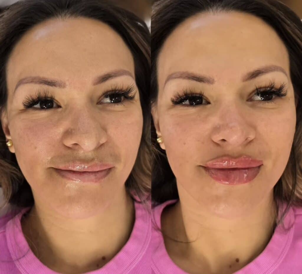Side-by-side close-up portraits of the same woman wearing a pink shirt and gold stud earrings, shown against a dark background.