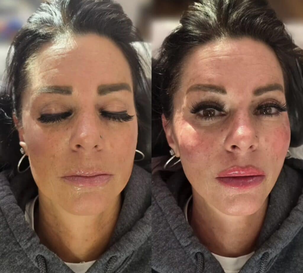 A split-screen close-up shows the same woman lying down, with closed eyes on the left and open eyes with makeup on the right, wearing a gray hoodie.