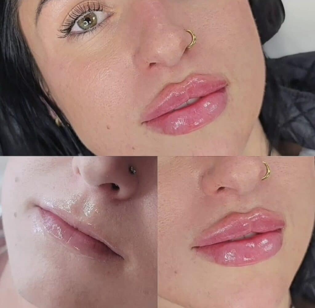 A close-up collage shows a woman with glossy pink lips and a gold nose ring, with two smaller close-ups of her mouth below.