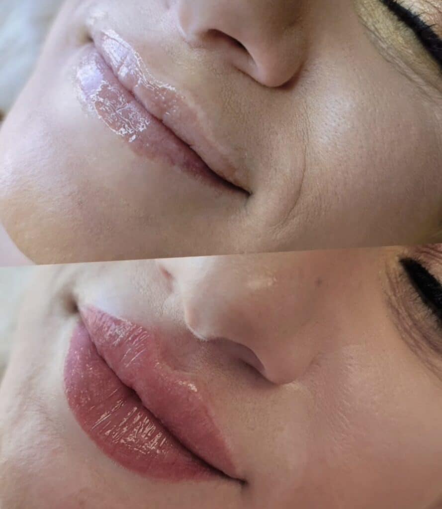 Close-up of a woman's lips, showing a glossy nude shade on top and a deeper pink shade on the bottom, with part of her nose and cheek visible.