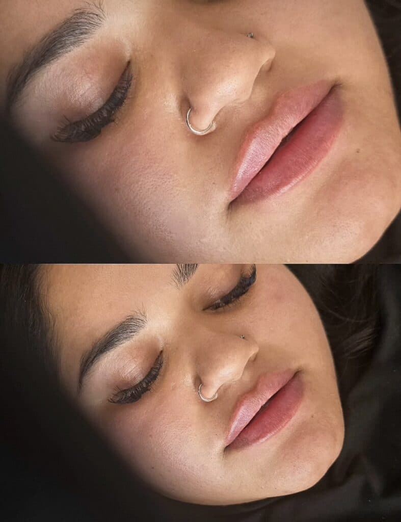 A close-up of a woman with a silver nose ring and closed eyes, shown in two stacked portrait photos on a dark background.