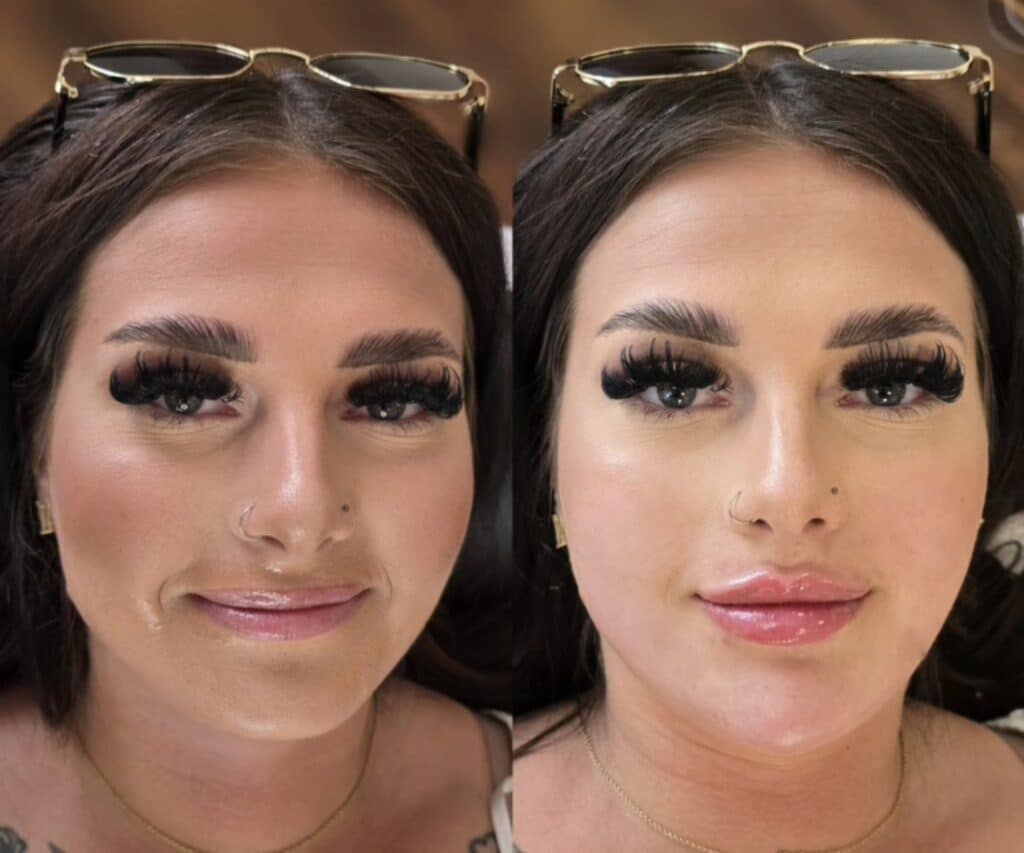 Side-by-side portrait of a woman with dark hair, long lashes, and sunglasses on her head, shown against a blurred indoor background.