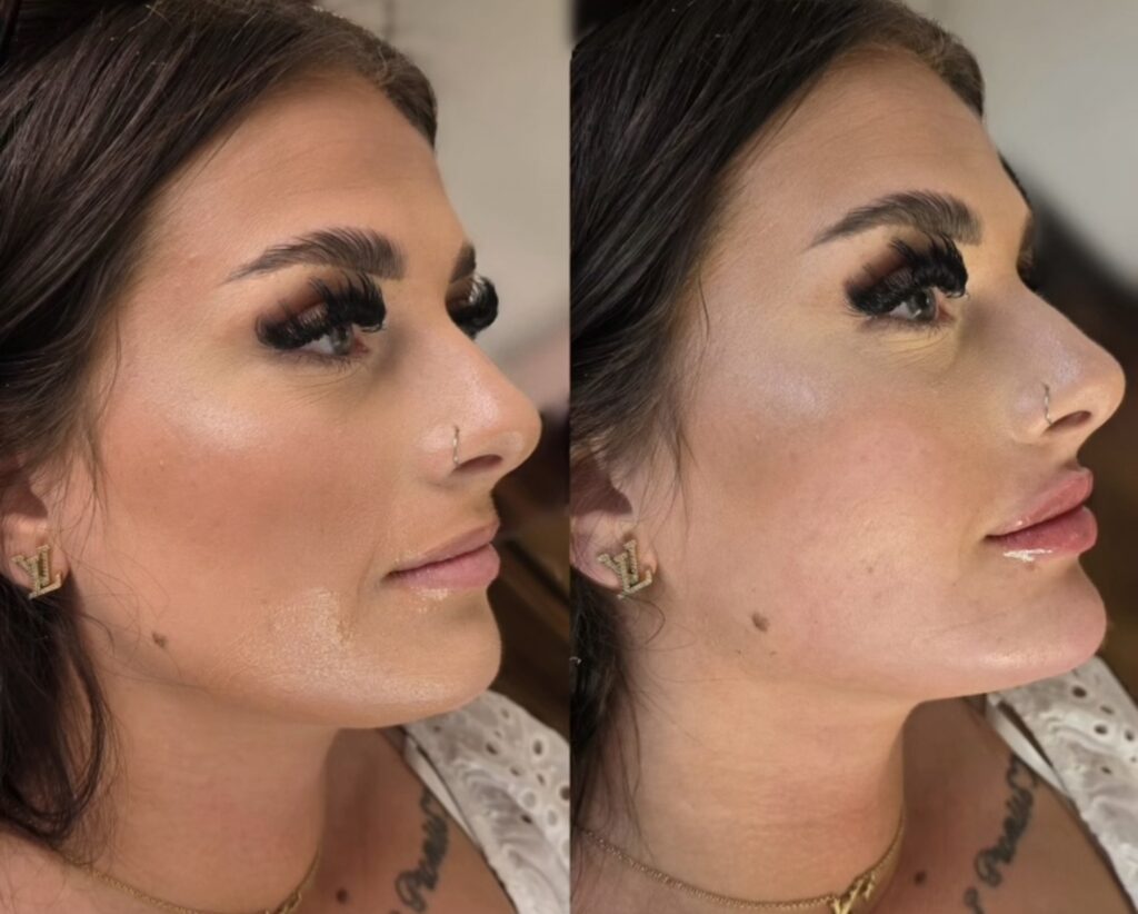 Side-by-side profile close-ups of a woman with dark hair, defined makeup, and a nose ring, shown against a blurred indoor background.
