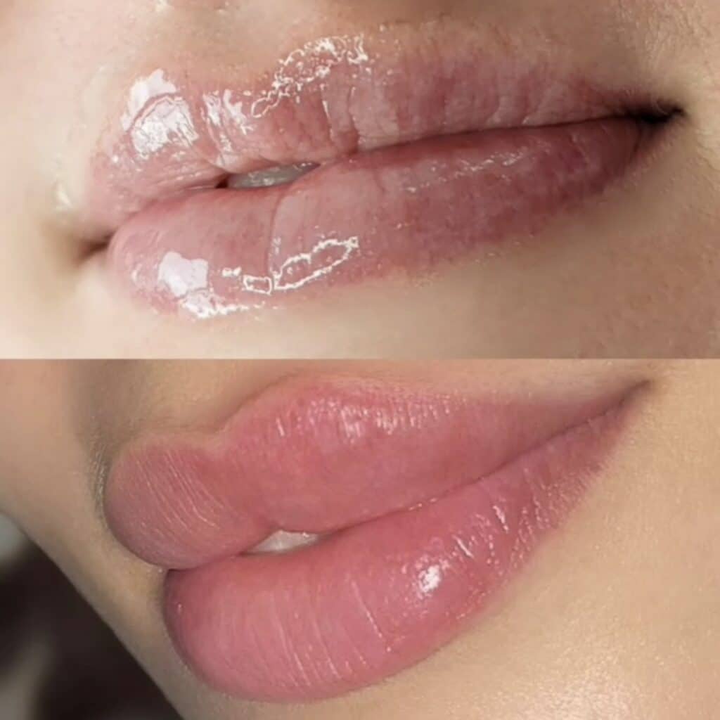 Close-up of glossy pink lips, shown in a before-and-after comparison with a more saturated pink lip finish below.